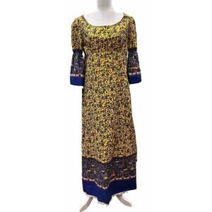 Le Voy’s Vintage Women’s Small Yellow Blue Empire 1/4 Sleeve Floral Dress-u
